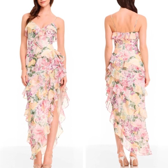 Dress the Population Dresses & Skirts - NWT DRESS THE POPULATION Josefina Dress Floral
Ruffle Detail Gown in Ivory Multi
